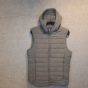 Perry Ellis Men Quilted Hooded Vest Full Zip Gray Puffer Sleeveless